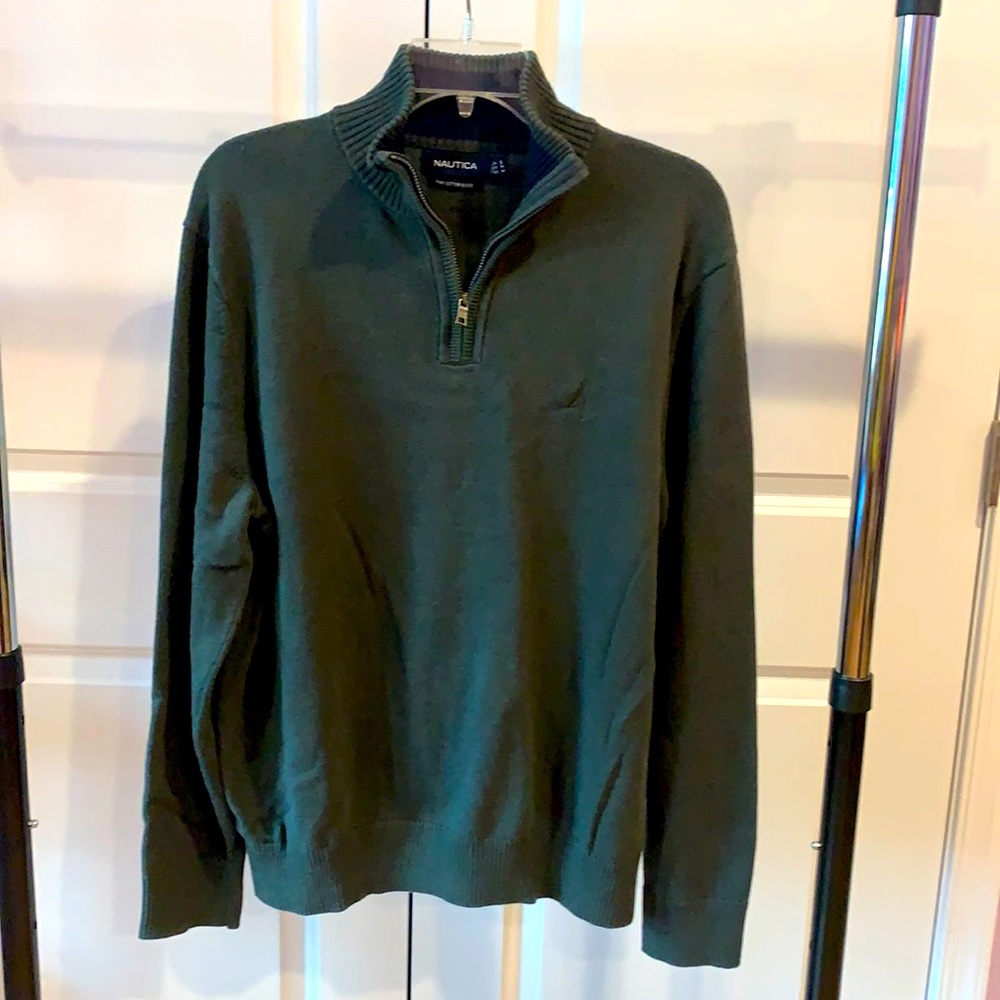 Nautica Men's Dark Green Sweater with 1/4 Zipper Neck (used)